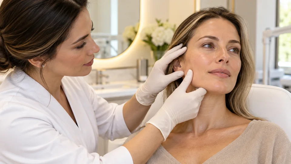 Clinician assessing a patient's skin for facial rejuvenation