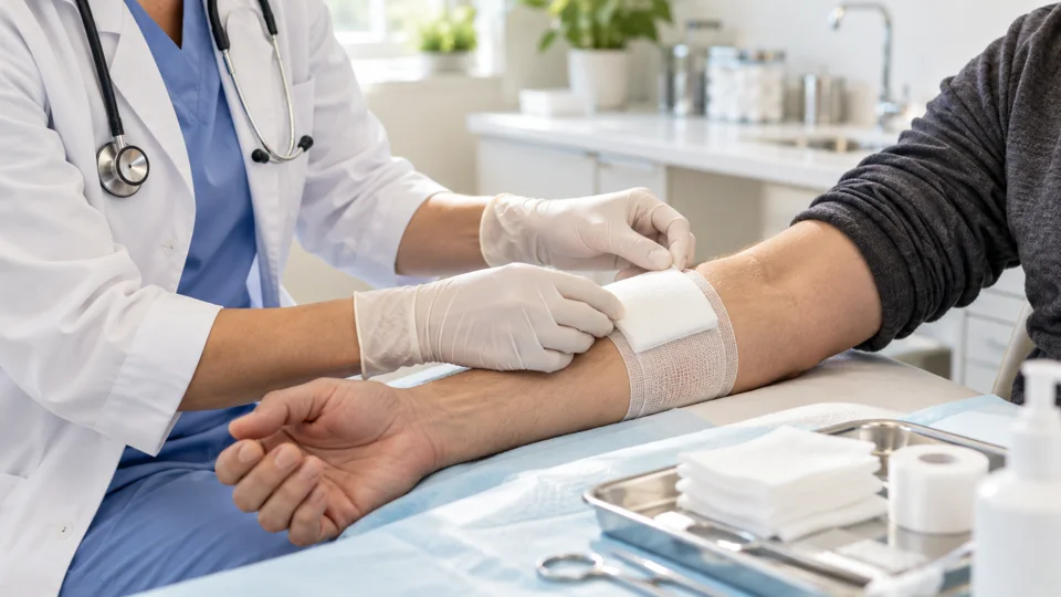 Clinician applying a sterile outpatient wound dressing