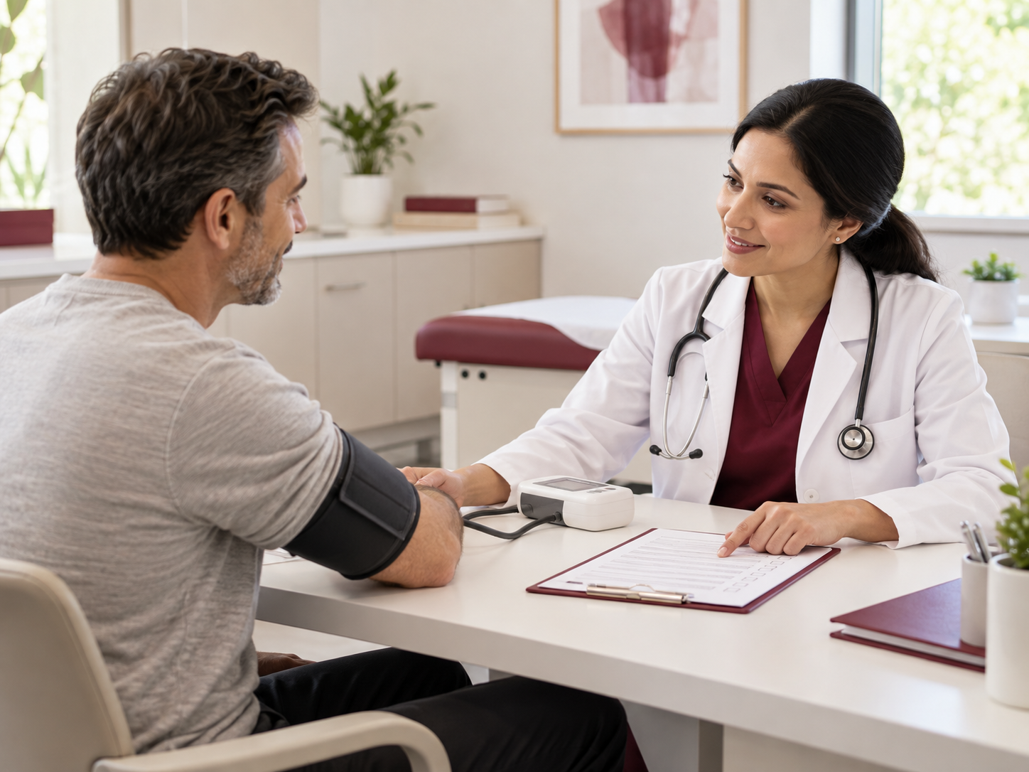 Doctor providing a preventive health screening and blood pressure check